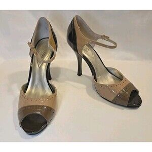 Guess Patent Open Toe Wingtip 4" Heels Ankle Strap Beige Brown Khaki Size 7.5M